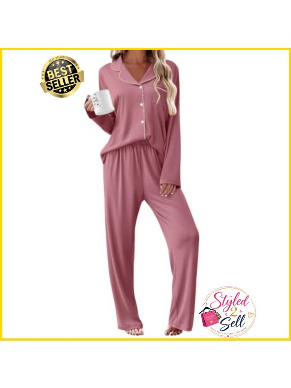 Women's 2 Piece Long Sleeve Button Up Pajama Set Soft Lounge Sleepwear